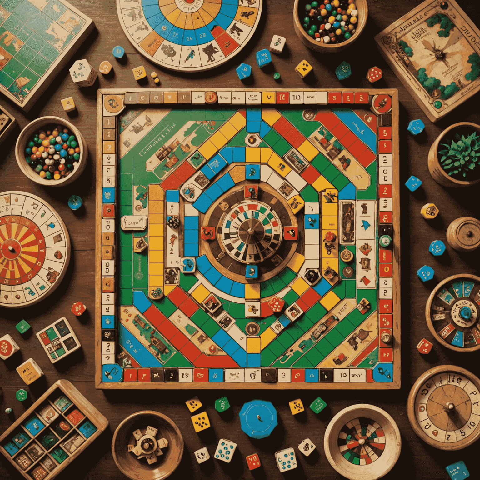 A collection of unique and colorful board games spread out on a table, with unusual pieces and intricate game boards visible.