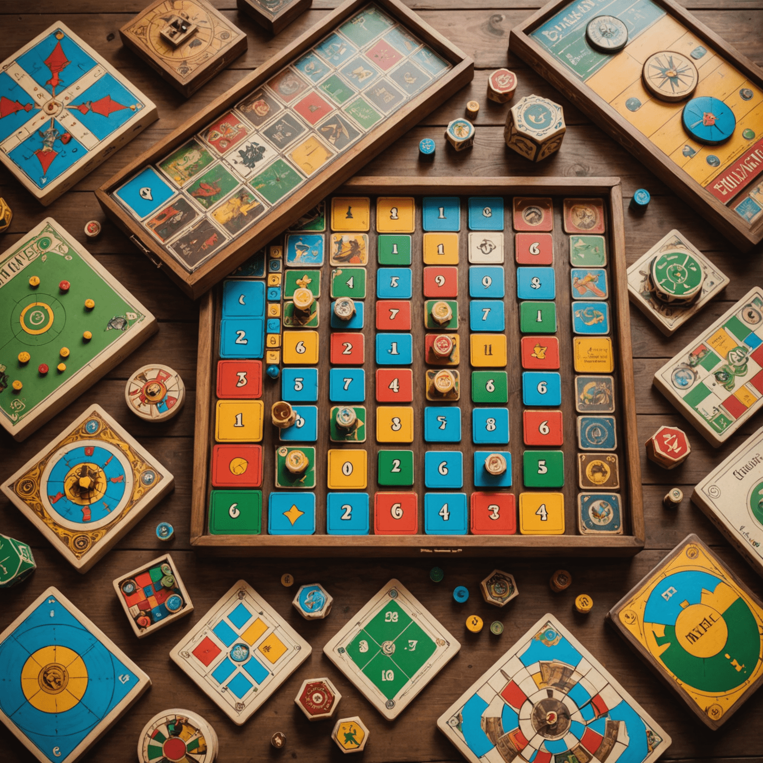 A collection of unique and colorful board games spread out on a wooden table, showcasing their unusual designs and components