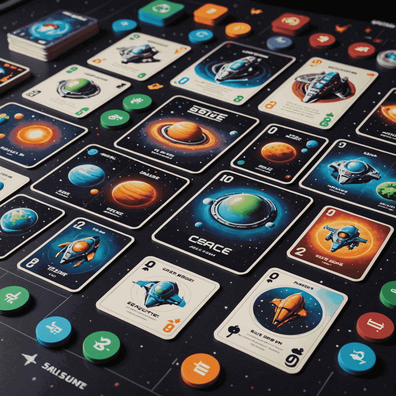 A space-themed board game with colorful alien race cards and spaceships