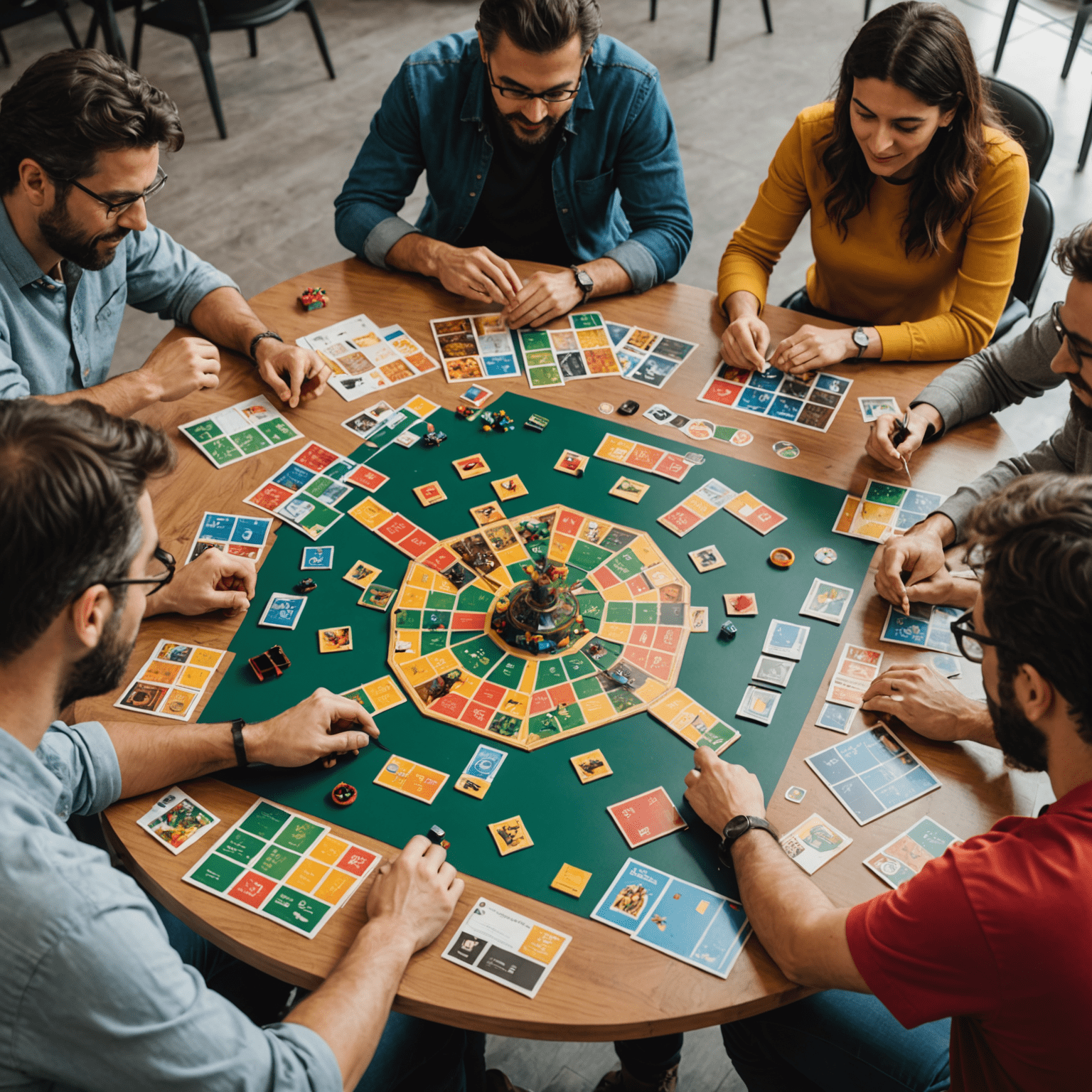 A group of diverse Spanish board game designers collaborating around a table filled with game prototypes and design materials