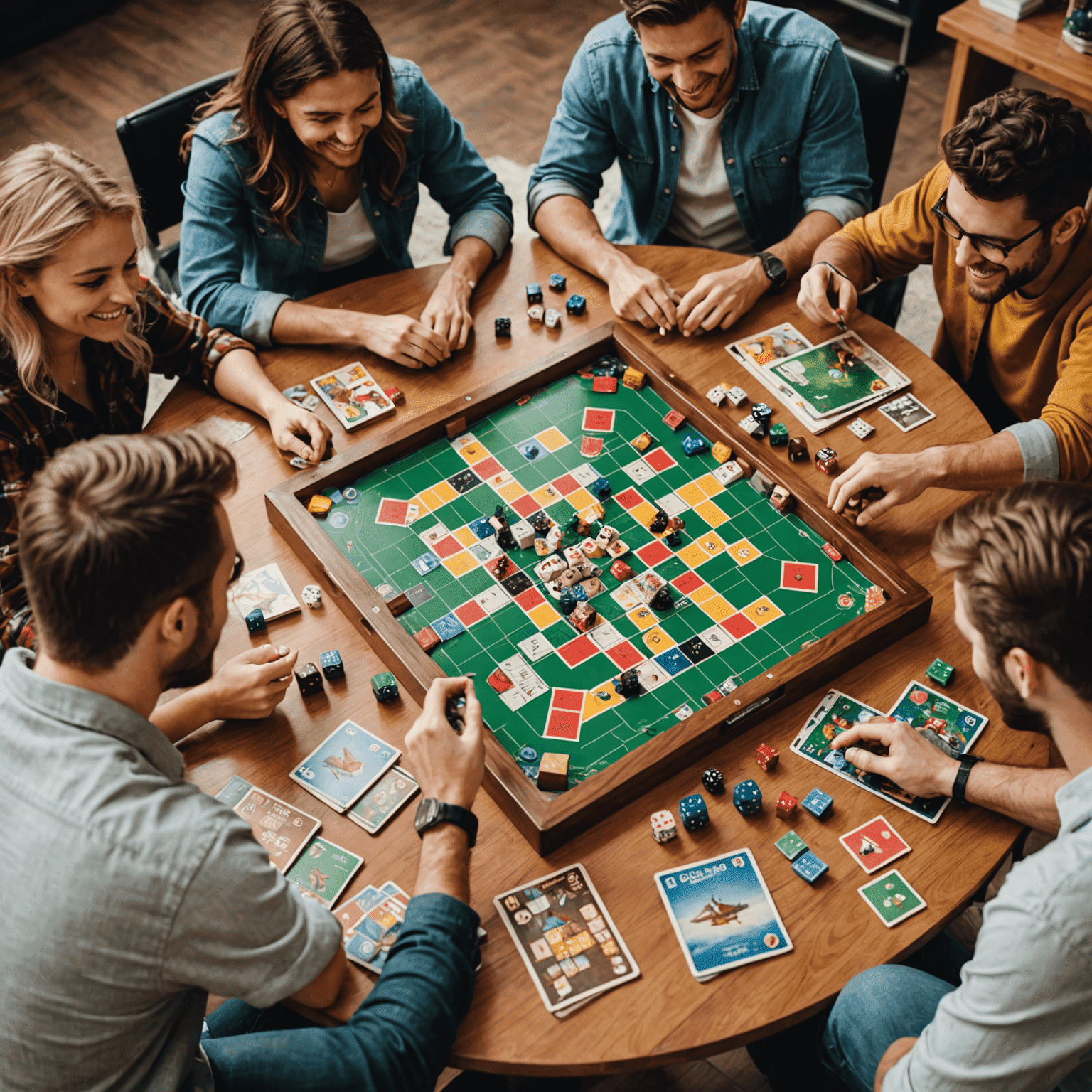 A group of friends gathered around a table, playing board games. The table is filled with various game boards, cards, and dice. People are smiling and engaged in the game.