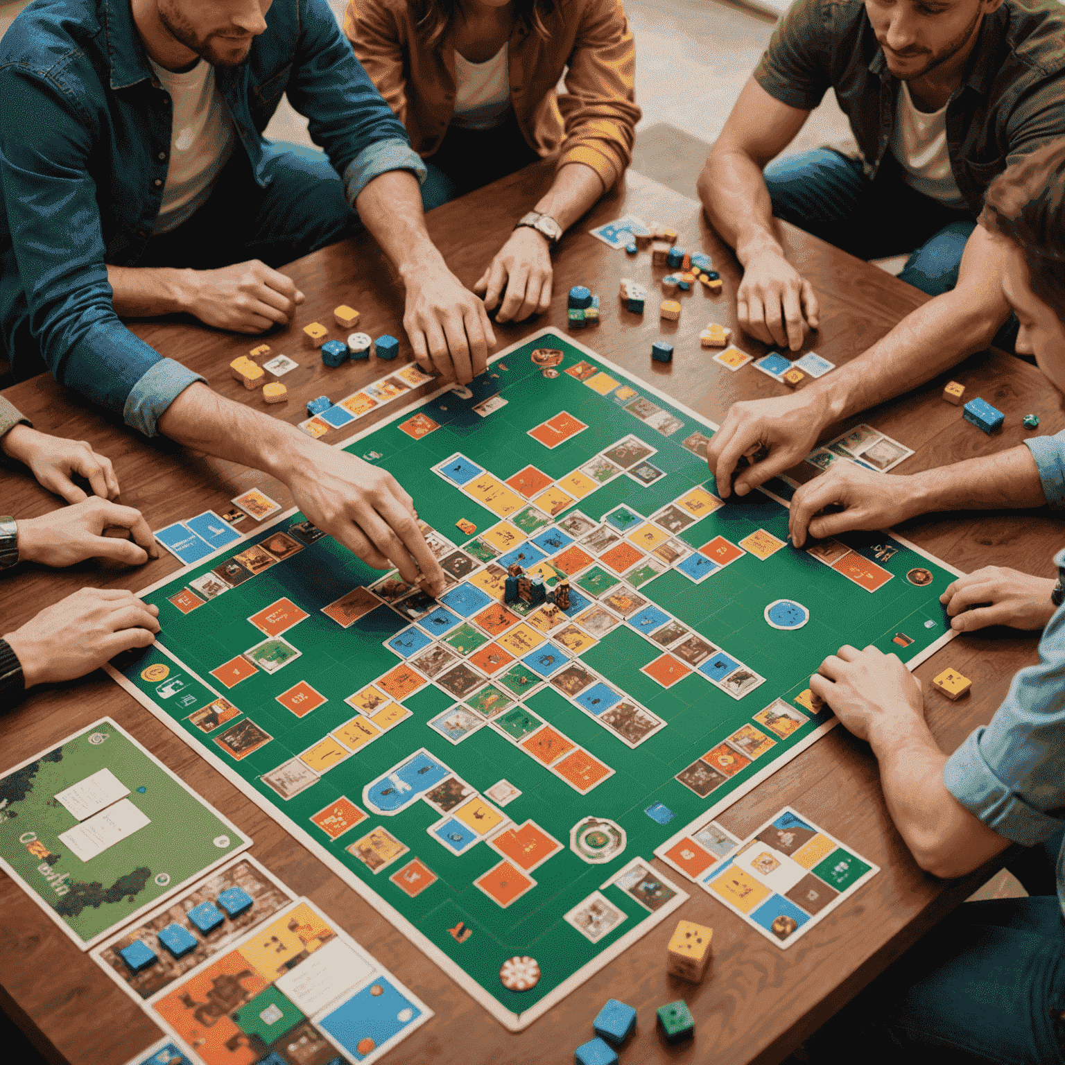 A group of friends playing a cooperative board game, working together to solve puzzles and overcome challenges on the game board.