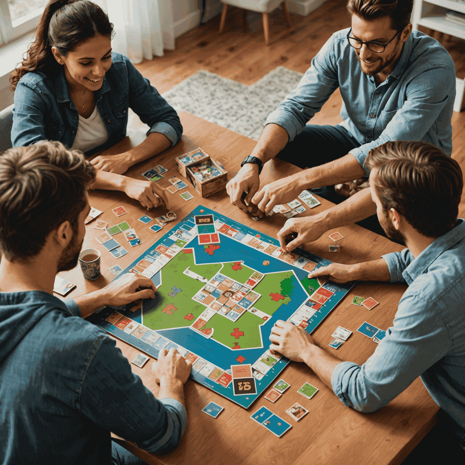 A group of friends playing a cooperative board game, working together to solve puzzles and overcome challenges