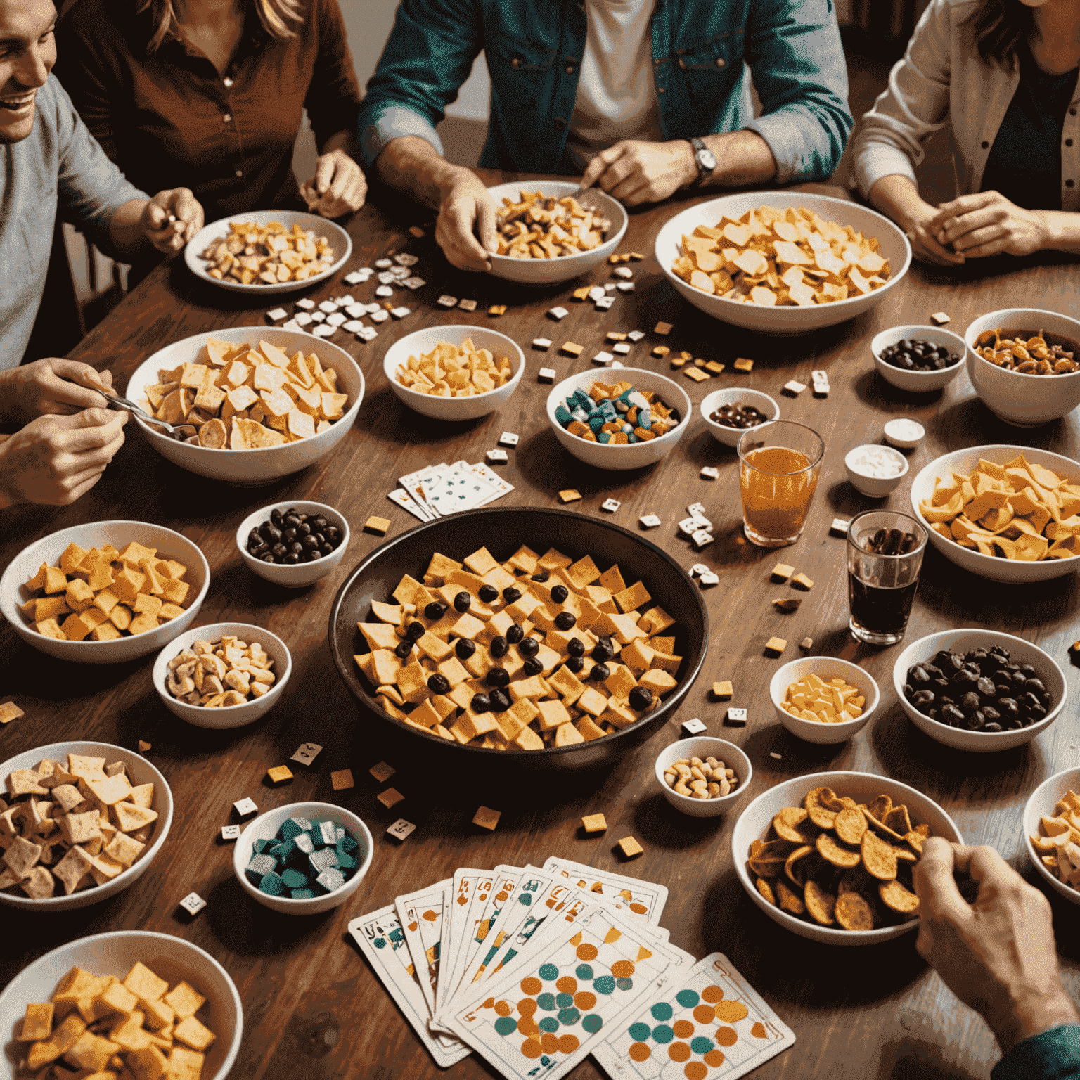 A table after a successful game night, showing scattered game pieces, empty snack bowls, and people laughing in the background. The image captures the joyful aftermath of a well-hosted board game party.