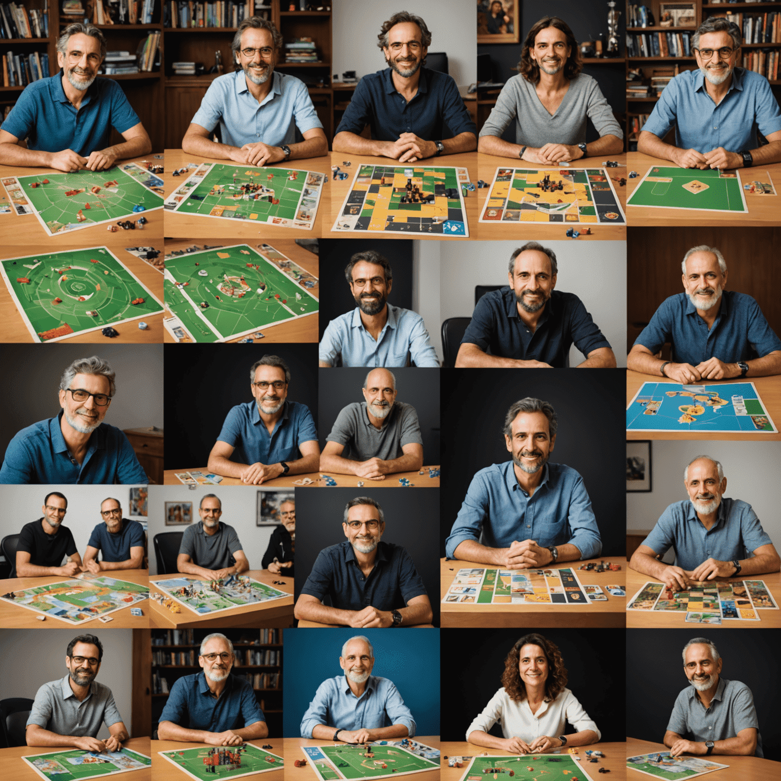 A collage of portraits of Spanish board game designers, with glimpses of their innovative game designs and prototypes in the background.