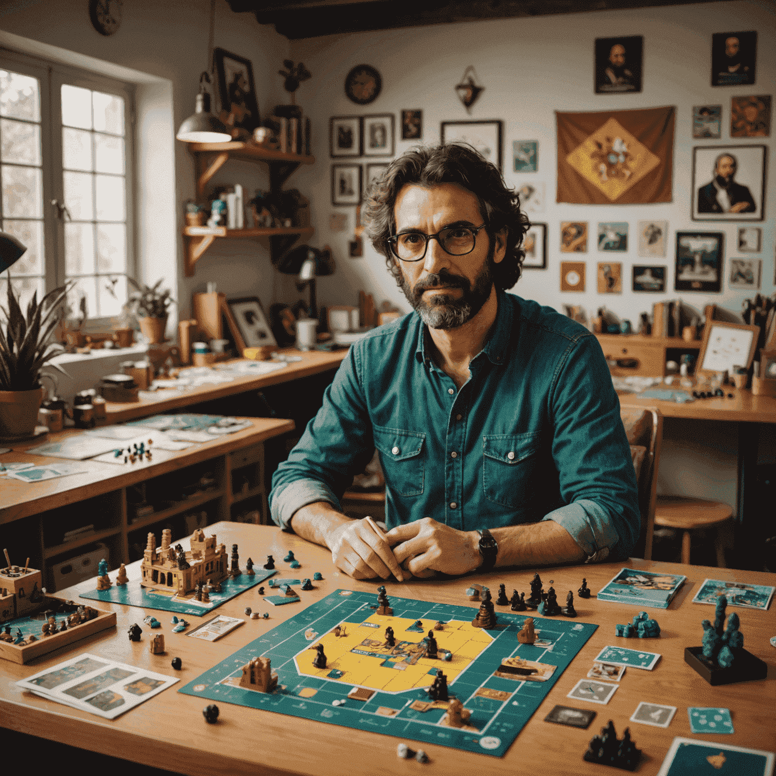 Portraits of Spanish board game designers in their creative workspace, surrounded by prototypes and game components