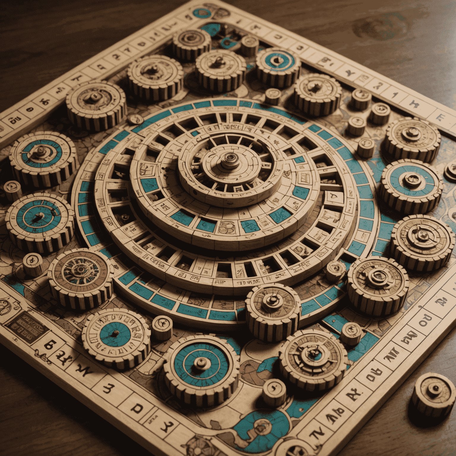 A complex board game with interlocking gears representing the Mayan calendar