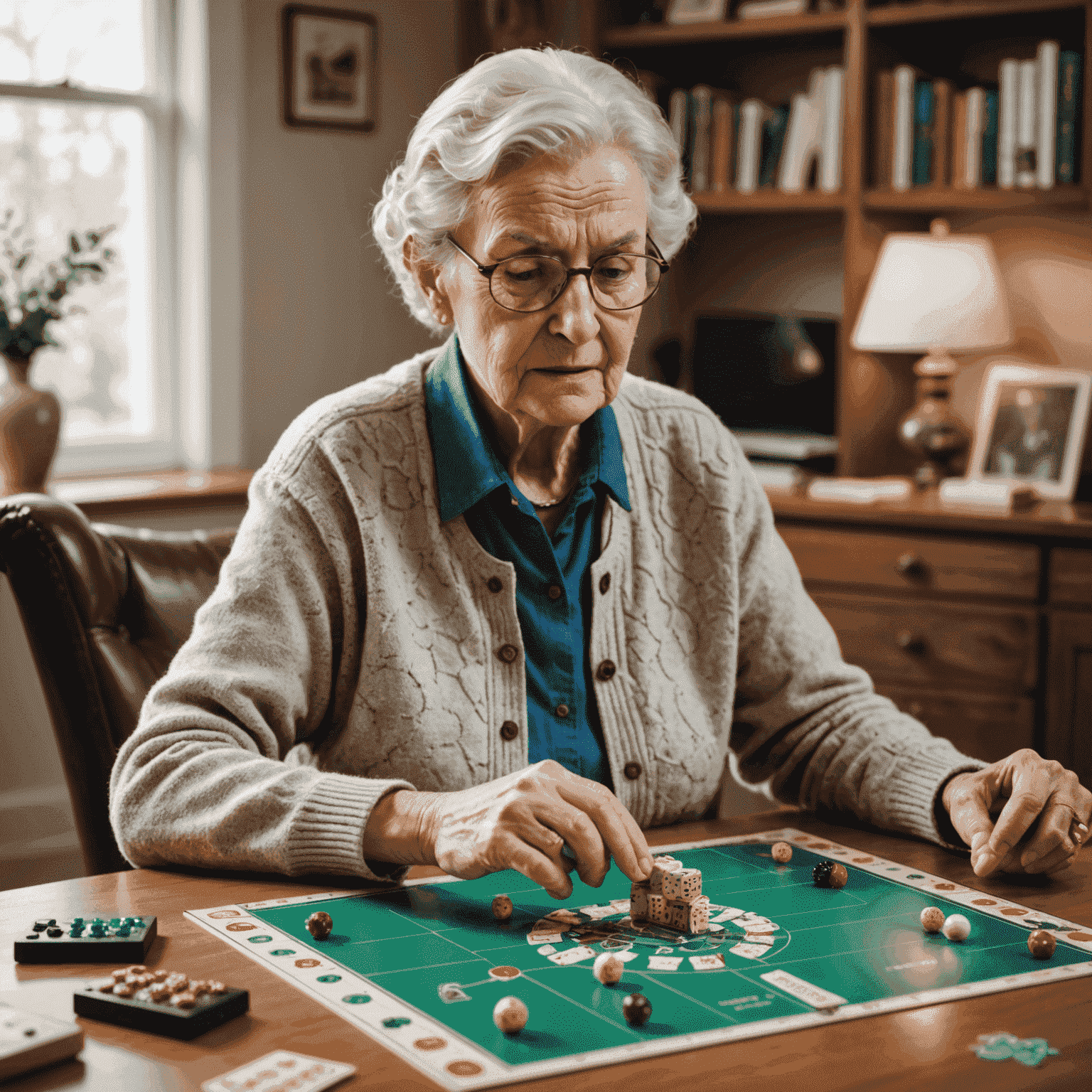 A senior citizen engaged in a strategic board game, with brain scan imagery overlaid to illustrate cognitive benefits