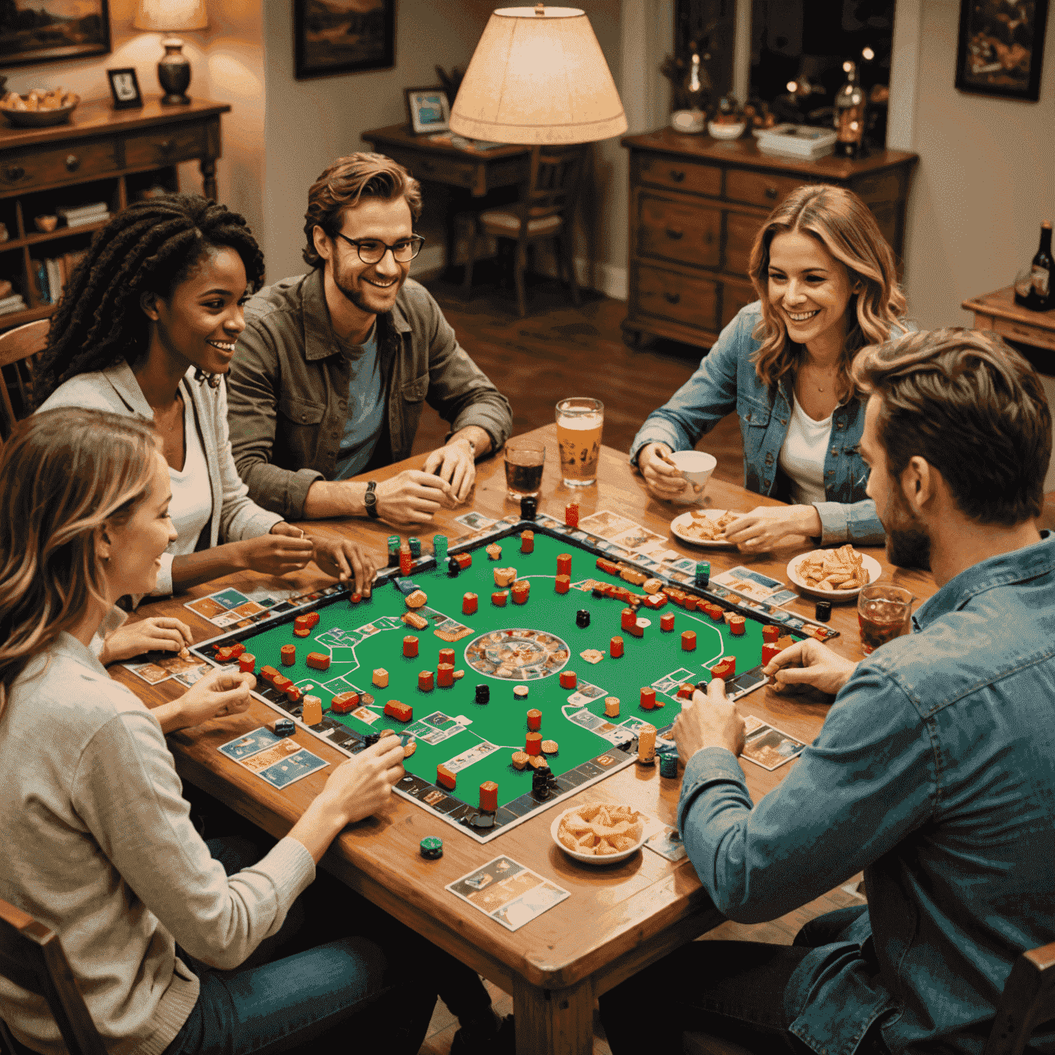 A lively board game night scene with friends gathered around a table, playing games, and enjoying snacks