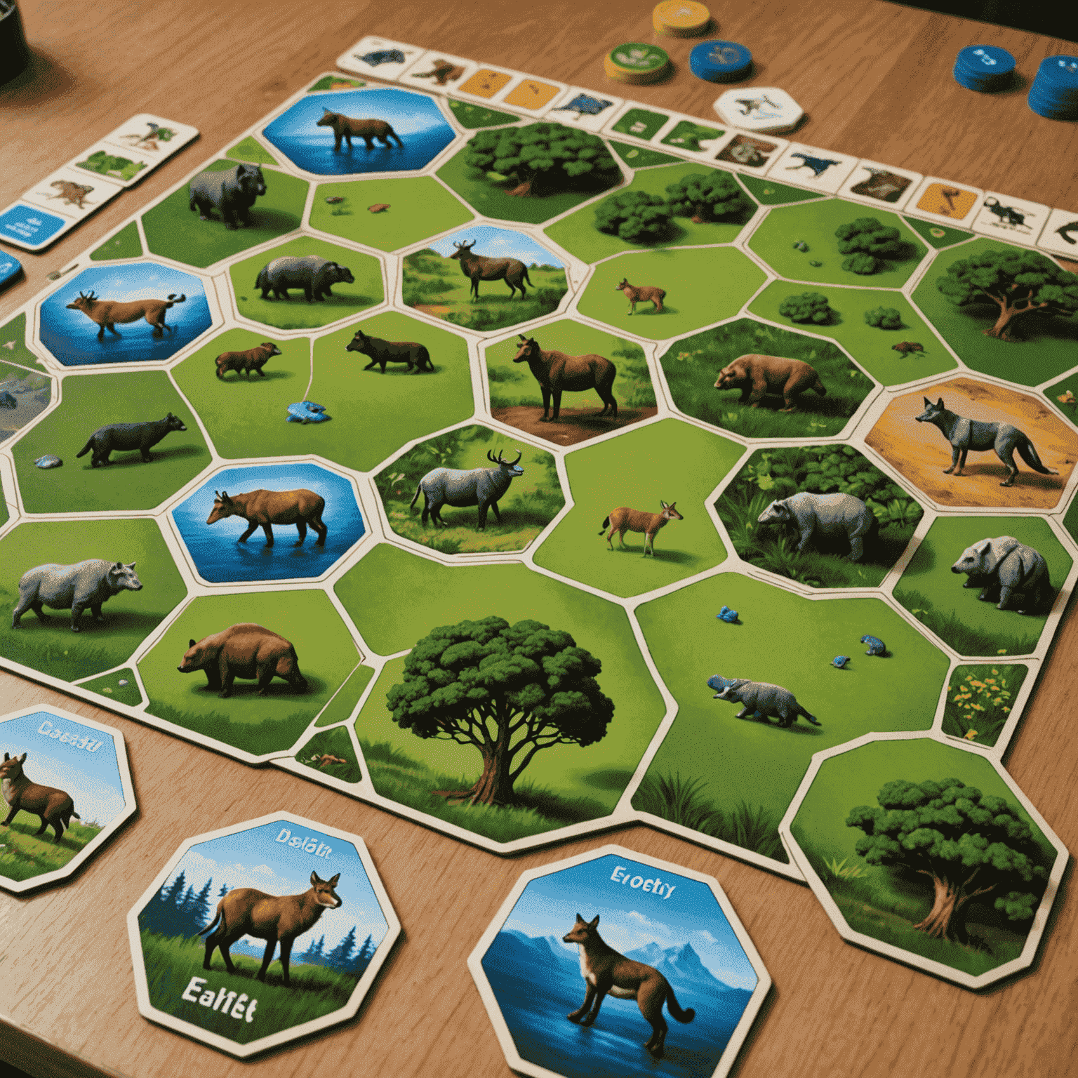 A complex area control game with animal species tokens and a changing environment board